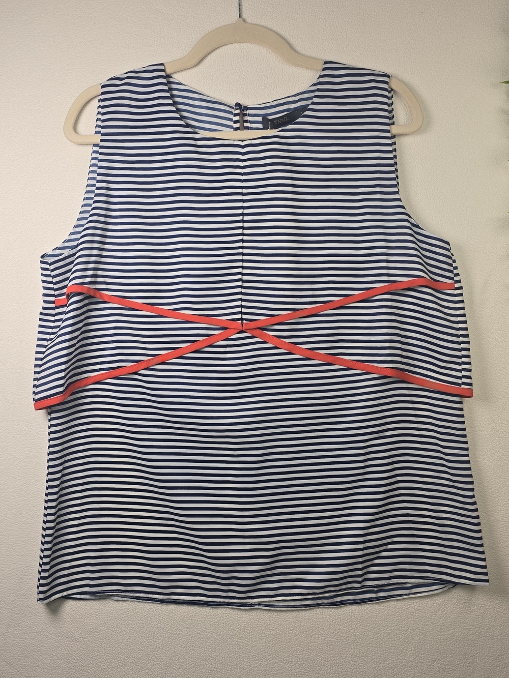 THML NAUTICAL BLUE WHITE STRIPE SLEEVELESS BLOUSE RED TRIM OVERLAY COLLAR NWT LG
